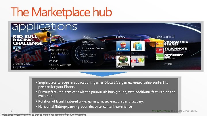 The Marketplace hub § Single place to acquire applications, games, Xbox LIVE games, music, The Marketplace hub § Single place to acquire applications, games, Xbox LIVE games, music,