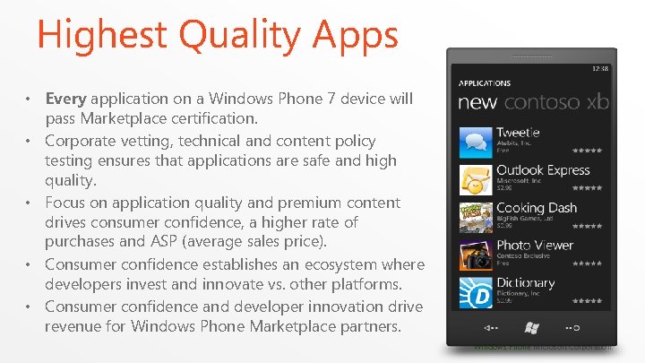 Highest Quality Apps • Every application on a Windows Phone 7 device will pass Highest Quality Apps • Every application on a Windows Phone 7 device will pass