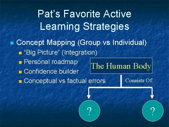 Pat’s Favorite Active Learning Strategies n Concept Mapping (Group vs Individual) n n “Big