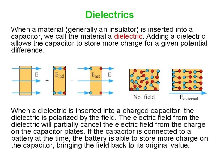 Dielectrics When a material (generally an insulator) is inserted into a capacitor, we call