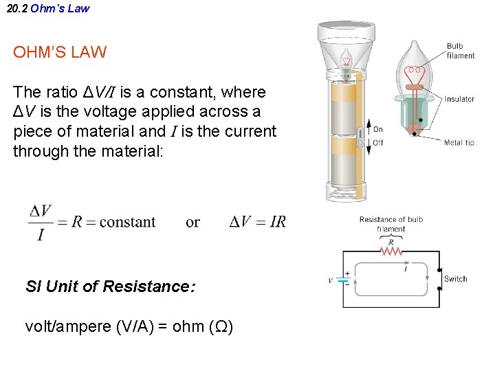 20. 2 Ohm’s Law OHM’S LAW The ratio ΔV/I is a constant, where ΔV