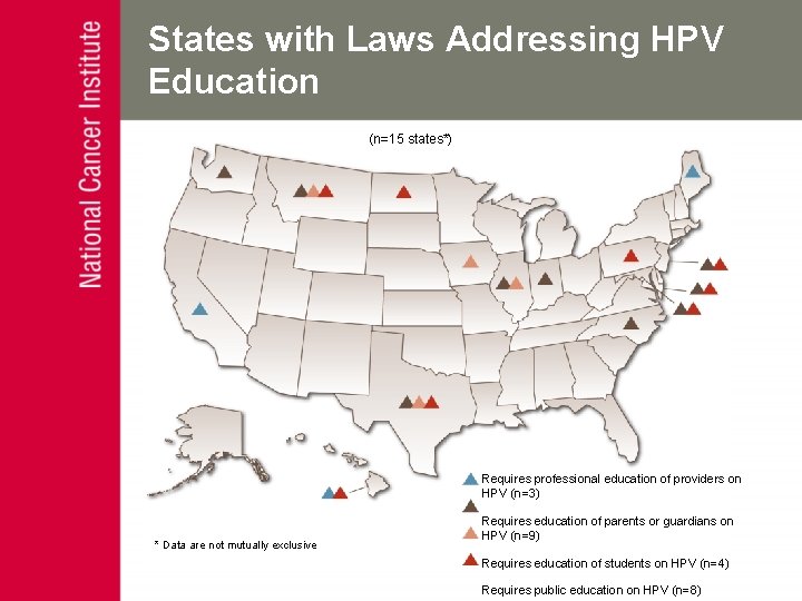 States with Laws Addressing HPV Education (n=15 states*) Requires professional education of providers on