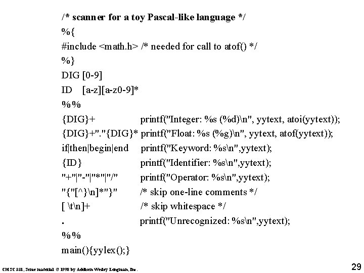 /* scanner for a toy Pascal-like language */ %{ #include <math. h> /* needed