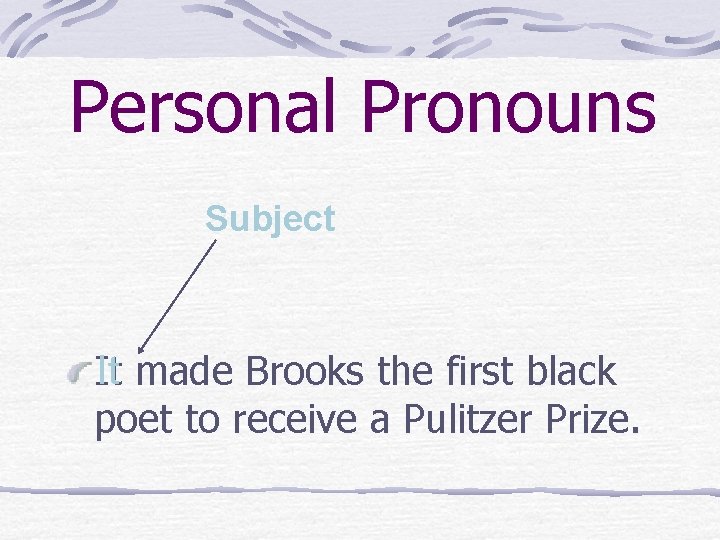 Personal Pronouns Subject It made Brooks the first black poet to receive a Pulitzer