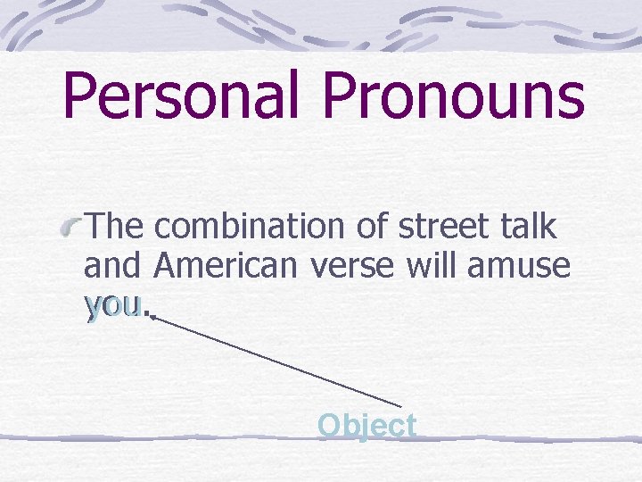 Personal Pronouns The combination of street talk and American verse will amuse you Object