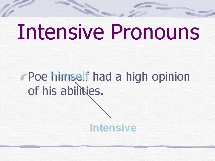 Intensive Pronouns Poe himself had a high opinion of his abilities. Intensive 