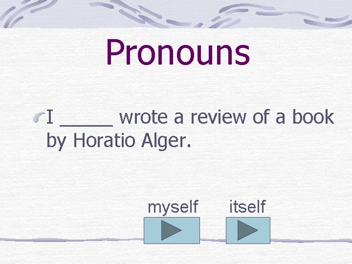 Pronouns I _____ wrote a review of a book by Horatio Alger. myself itself