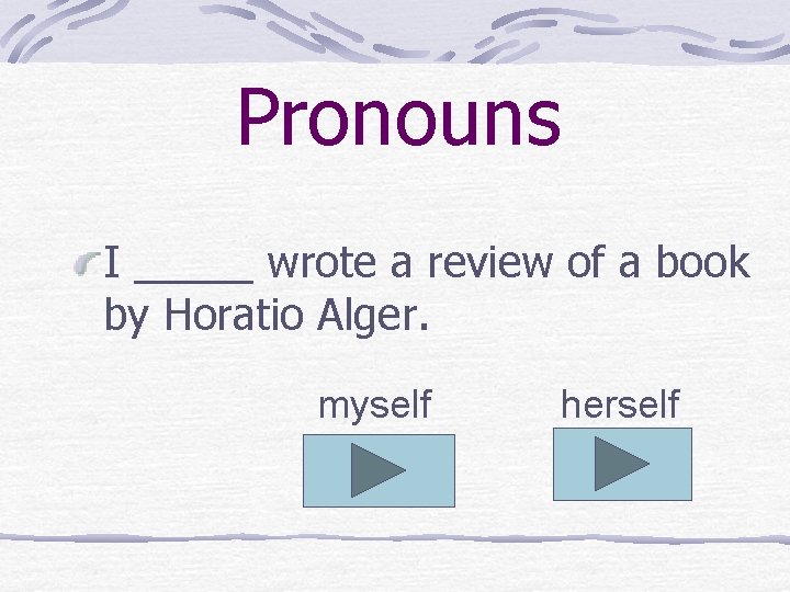 Pronouns I _____ wrote a review of a book by Horatio Alger. myself herself