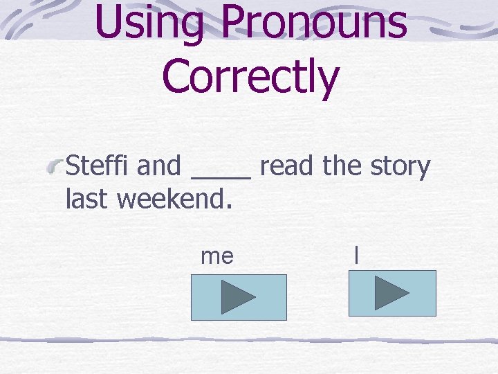 Using Pronouns Correctly Steffi and ____ read the story last weekend. me I 