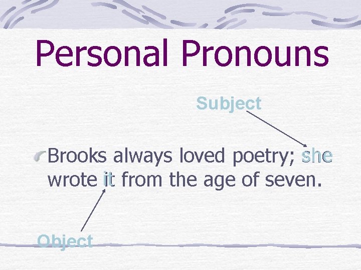 Personal Pronouns Subject Brooks always loved poetry; she wrote itit from the age of