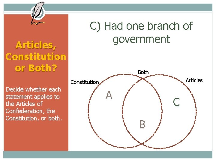 Articles, Constitution or Both? C) Had one branch of government Both Articles Constitution Decide