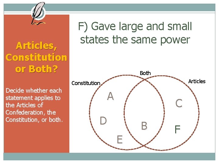 Articles, Constitution or Both? F) Gave large and small states the same power Both