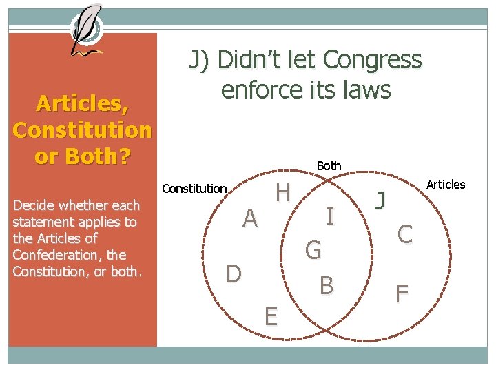 Articles, Constitution or Both? J) Didn’t let Congress enforce its laws Both Constitution Decide