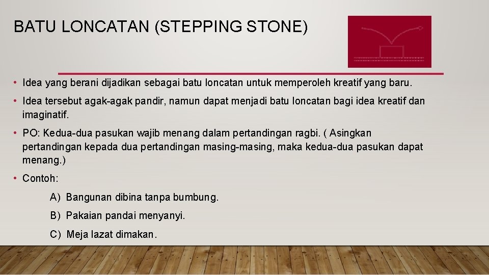 BATU LONCATAN (STEPPING STONE) • Idea yang berani dijadikan sebagai batu loncatan untuk memperoleh