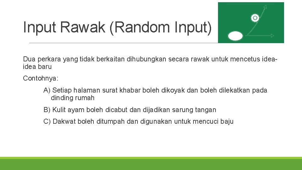 Input Rawak (Random Input) Dua perkara yang tidak berkaitan dihubungkan secara rawak untuk mencetus