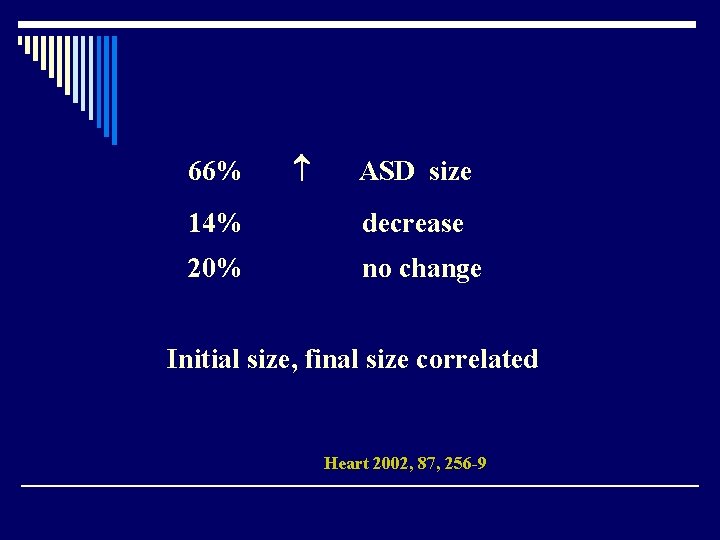 66% ASD size 14% decrease 20% no change Initial size, final size correlated Heart