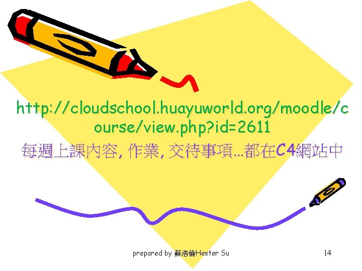 http: //cloudschool. huayuworld. org/moodle/c ourse/view. php? id=2611 每週上課內容, 作業, 交待事項…都在C 4網站中 prepared by 蘇浩倫Hester