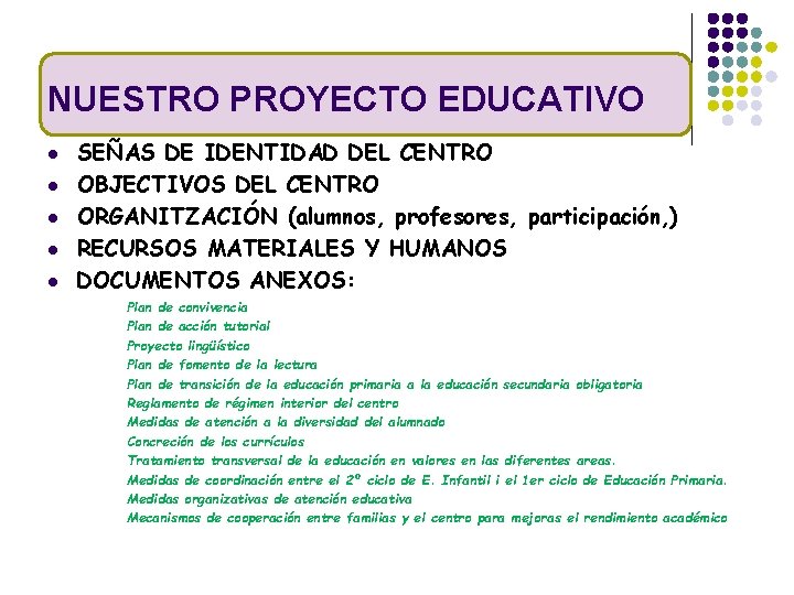 NUESTRO PROYECTO EDUCATIVO SEÑAS DE IDENTIDAD DEL CENTRO OBJECTIVOS DEL CENTRO ORGANITZACIÓN (alumnos, profesores,