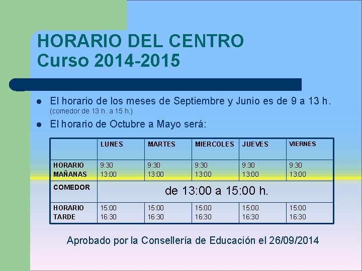 HORARIO DEL CENTRO Curso 2014 -2015 El horario de los meses de Septiembre y