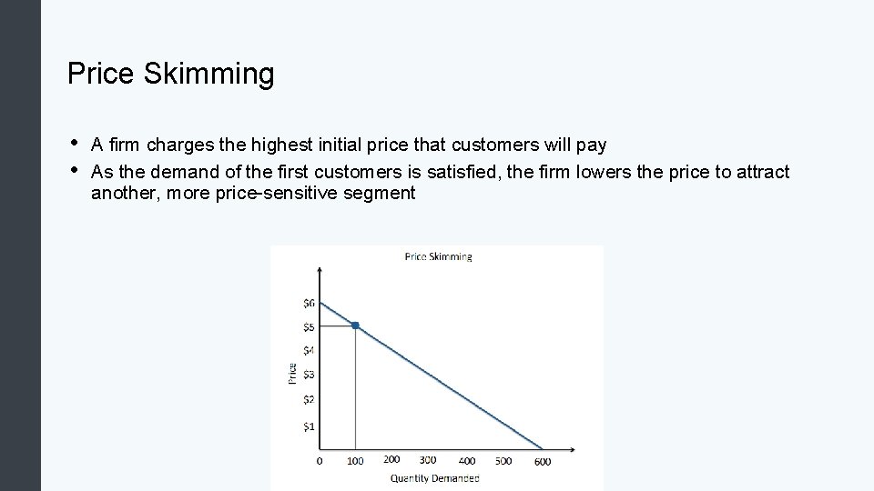 Price Skimming • • A firm charges the highest initial price that customers will