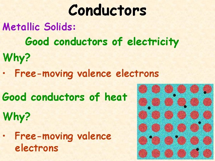 Conductors Metallic Solids: Good conductors of electricity Why? • Free-moving valence electrons Good conductors
