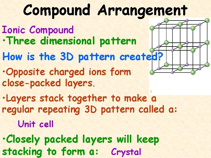Compound Arrangement Ionic Compound • Three dimensional pattern How is the 3 D pattern