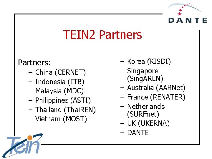 TEIN 2 Partners: – – – China (CERNET) Indonesia (ITB) Malaysia (MDC) Philippines (ASTI)