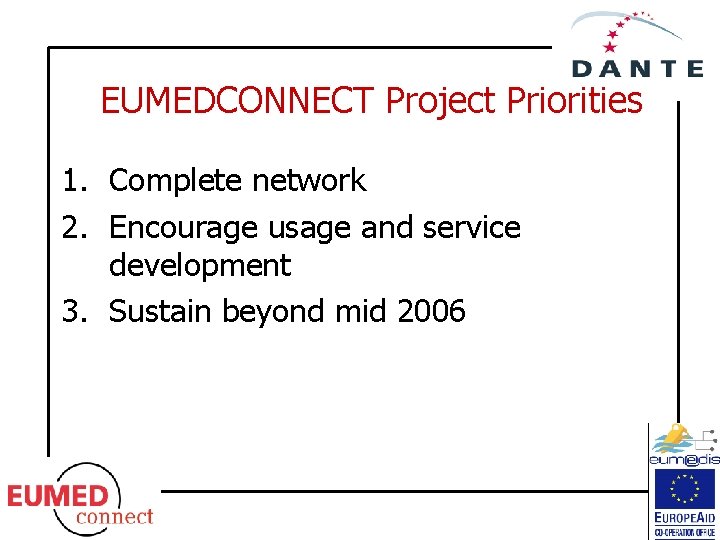 EUMEDCONNECT Project Priorities 1. Complete network 2. Encourage usage and service development 3. Sustain
