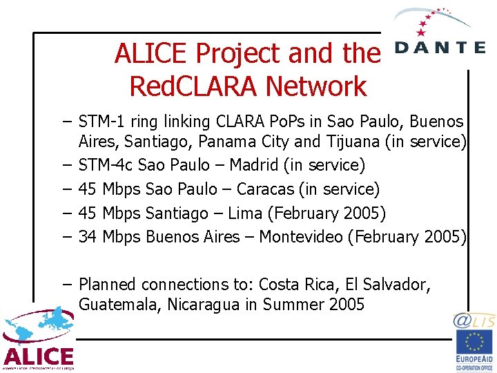 ALICE Project and the Red. CLARA Network – STM-1 ring linking CLARA Po. Ps