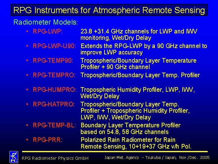 RPG Instruments for Atmospheric Remote Sensing Radiometer Models: • RPG-LWP: 23. 8 +31. 4