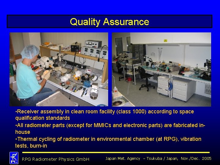 Quality Assurance • Receiver assembly in clean room facility (class 1000) according to space