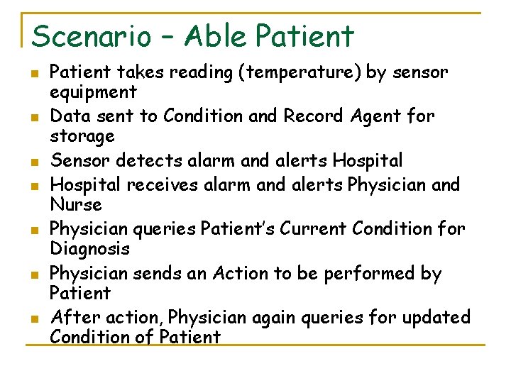 Scenario – Able Patient n n n n Patient takes reading (temperature) by sensor Scenario – Able Patient n n n n Patient takes reading (temperature) by sensor