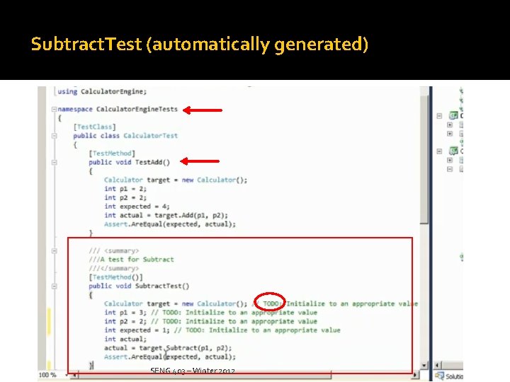 Subtract. Test (automatically generated) SENG 403 – Winter 2012 