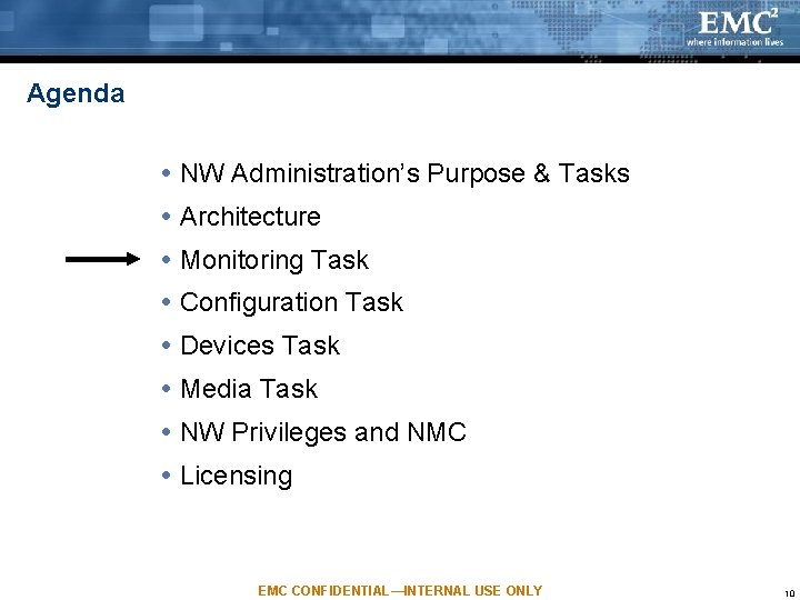 Agenda NW Administration’s Purpose & Tasks Architecture Monitoring Task Configuration Task Devices Task Media Agenda NW Administration’s Purpose & Tasks Architecture Monitoring Task Configuration Task Devices Task Media