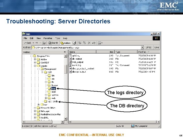 Troubleshooting: Server Directories The logs directory The DB directory EMC CONFIDENTIAL—INTERNAL USE ONLY 105 Troubleshooting: Server Directories The logs directory The DB directory EMC CONFIDENTIAL—INTERNAL USE ONLY 105