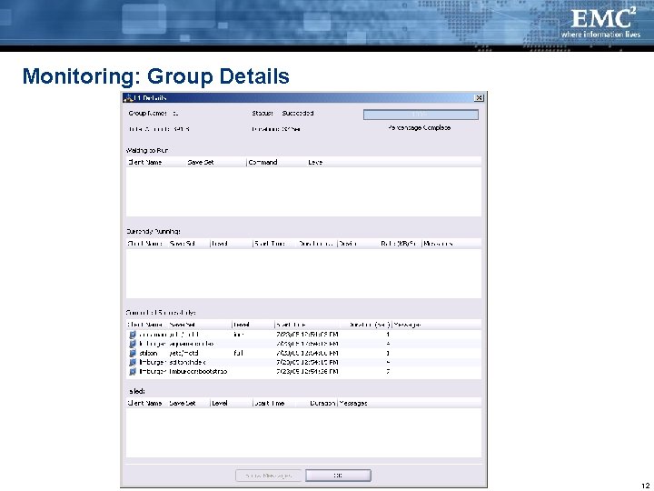Monitoring: Group Details EMC CONFIDENTIAL—INTERNAL USE ONLY 12 Monitoring: Group Details EMC CONFIDENTIAL—INTERNAL USE ONLY 12