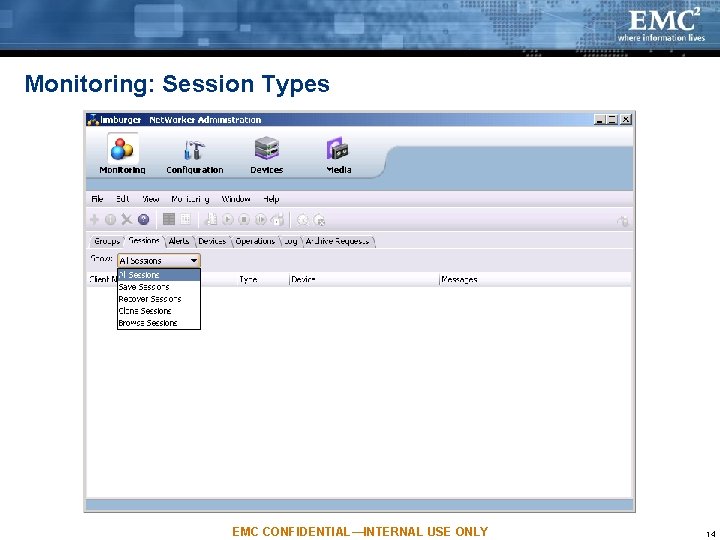 Monitoring: Session Types EMC CONFIDENTIAL—INTERNAL USE ONLY 14 Monitoring: Session Types EMC CONFIDENTIAL—INTERNAL USE ONLY 14