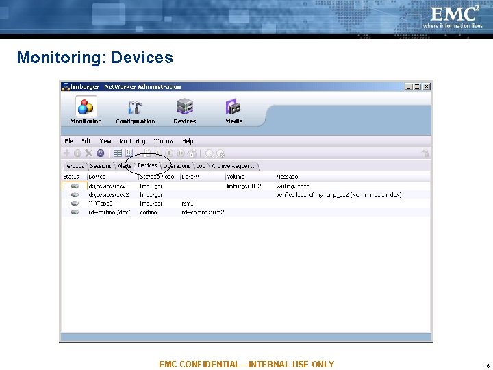 Monitoring: Devices EMC CONFIDENTIAL—INTERNAL USE ONLY 16 Monitoring: Devices EMC CONFIDENTIAL—INTERNAL USE ONLY 16