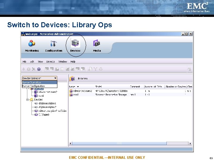 Switch to Devices: Library Ops EMC CONFIDENTIAL—INTERNAL USE ONLY 53 Switch to Devices: Library Ops EMC CONFIDENTIAL—INTERNAL USE ONLY 53