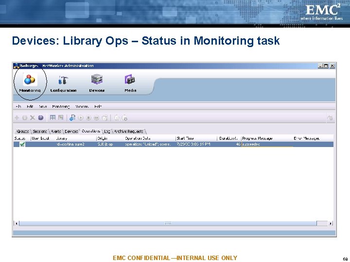 Devices: Library Ops – Status in Monitoring task EMC CONFIDENTIAL—INTERNAL USE ONLY 58 Devices: Library Ops – Status in Monitoring task EMC CONFIDENTIAL—INTERNAL USE ONLY 58