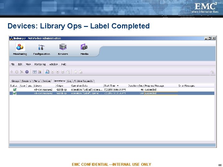 Devices: Library Ops – Label Completed EMC CONFIDENTIAL—INTERNAL USE ONLY 65 Devices: Library Ops – Label Completed EMC CONFIDENTIAL—INTERNAL USE ONLY 65