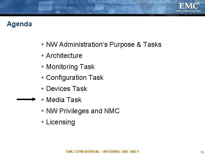 Agenda NW Administration’s Purpose & Tasks Architecture Monitoring Task Configuration Task Devices Task Media Agenda NW Administration’s Purpose & Tasks Architecture Monitoring Task Configuration Task Devices Task Media