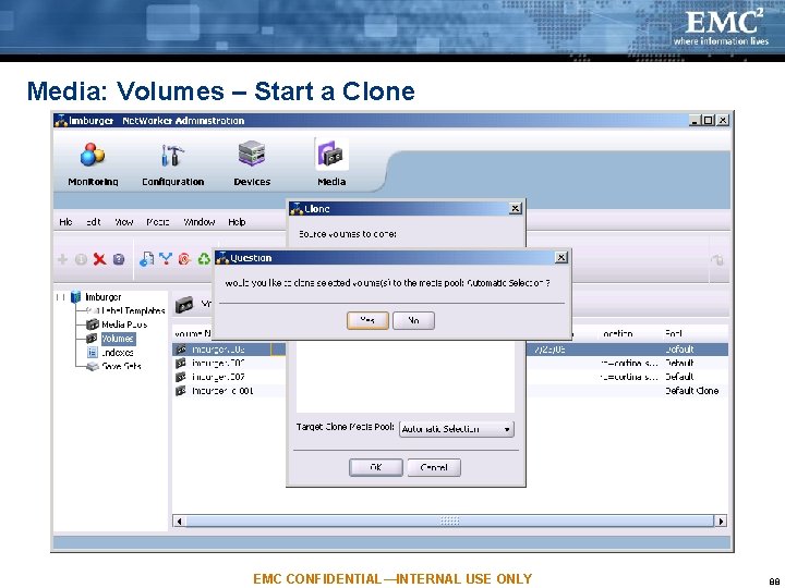 Media: Volumes – Start a Clone EMC CONFIDENTIAL—INTERNAL USE ONLY 88 Media: Volumes – Start a Clone EMC CONFIDENTIAL—INTERNAL USE ONLY 88