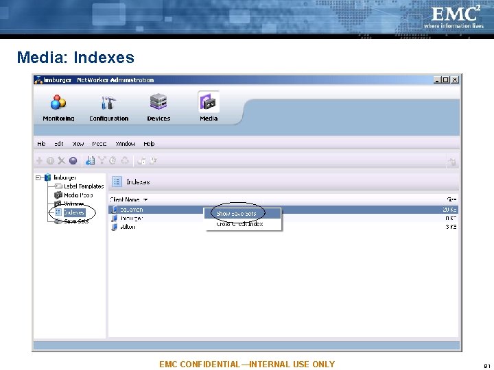 Media: Indexes EMC CONFIDENTIAL—INTERNAL USE ONLY 91 Media: Indexes EMC CONFIDENTIAL—INTERNAL USE ONLY 91