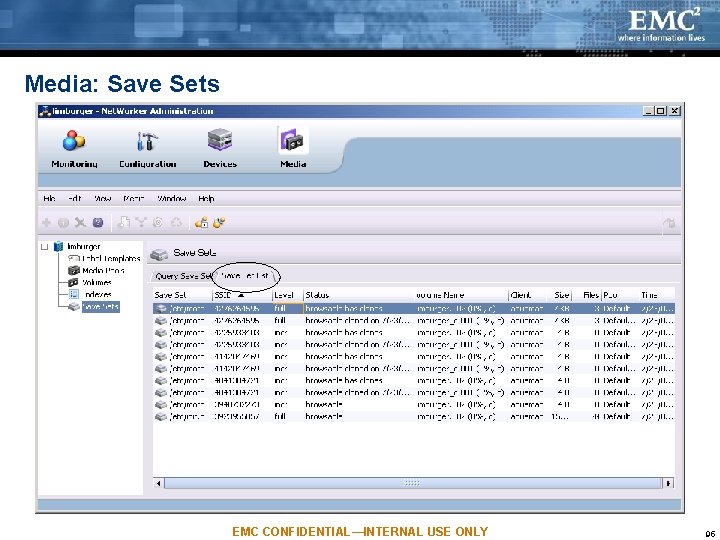 Media: Save Sets EMC CONFIDENTIAL—INTERNAL USE ONLY 95 Media: Save Sets EMC CONFIDENTIAL—INTERNAL USE ONLY 95