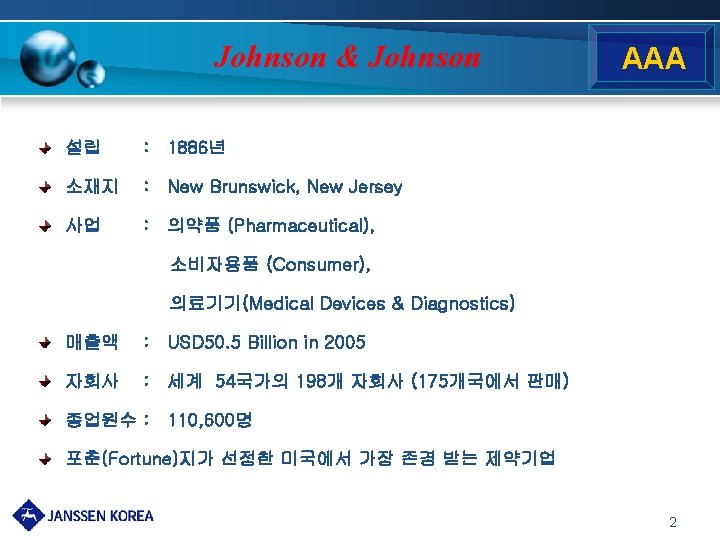 Johnson & Johnson 설립 : 1886년 소재지 : New Brunswick, New Jersey 사업 :