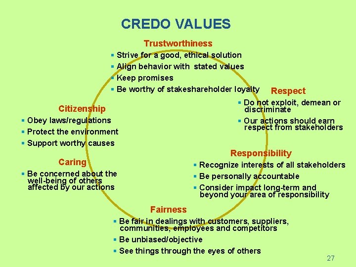 CREDO VALUES Trustworthiness § Strive for a good, ethical solution § Align behavior with