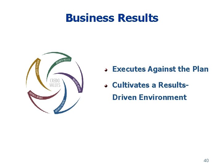 Business Results Executes Against the Plan Cultivates a Results. Driven Environment 40 
