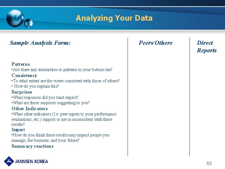 Analyzing Your Data Sample Analysis Form: Peers/Others Direct Reports Patterns • Are there any