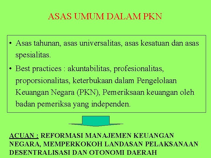 ASAS UMUM DALAM PKN • Asas tahunan, asas universalitas, asas kesatuan dan asas spesialitas.